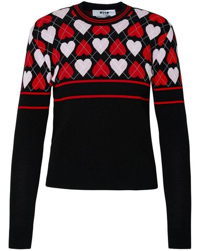 MSGM Heart Intarsia-knitted Long Sleeved Jumper - Black