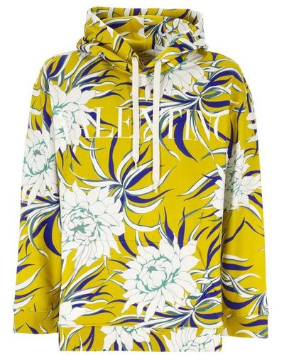 Valentino All-over Floral Printed Drawstring Hoodie - Yellow
