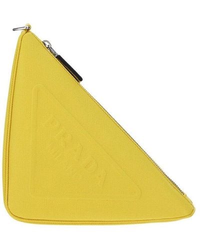 Prada Logo Embossed Zipped Triangle Pouch - Yellow