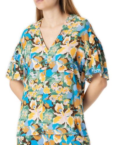 M Missoni Floral Printed V-neck Blouse - Blue