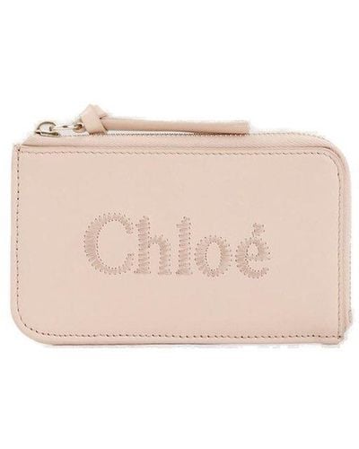 Chloé Logo Embroidered Zipped Cardholder - Pink