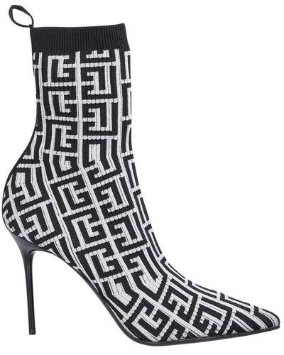 Balmain Monogram Knitted Pointed Toe Ankle Boots - Black