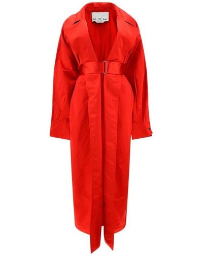 Sa Su Phi Belted Long-sleeved Trench Coat - Red
