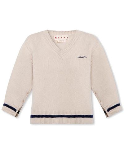 Marni Logo Embroidered V-neck Knitted Top - Natural