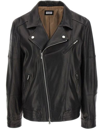 Brunello Cucinelli Long Sleeves Leather Closure With Zip Leather Jackets - Black