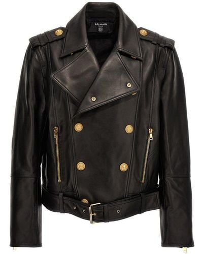 Balmain Double Breasted Leather Jacket - Black