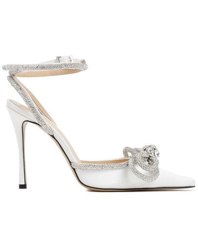 Mach & Mach Double Bow Crystal-embellished Silk-satin Point-toe Pumps - White