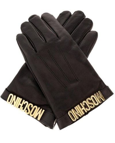 Moschino Leather Gloves With Logo, - Black