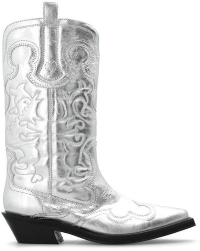 Ganni Mid Shaft Embroidered Western Boots - White