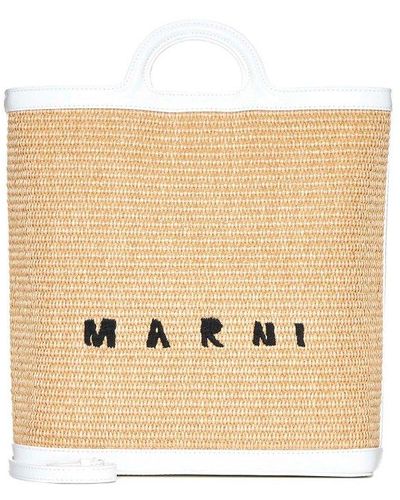 Marni Logo Embroidered Raffia Tote Bag - Natural