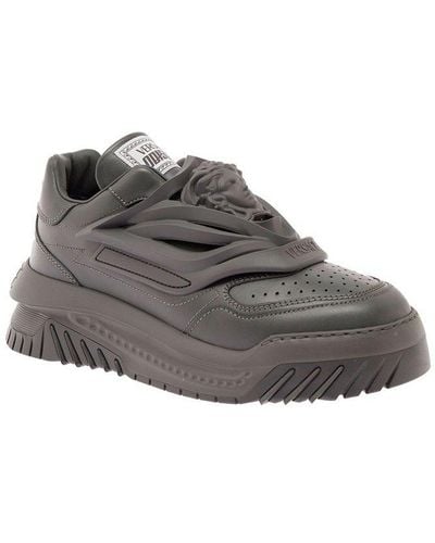 Versace Odissea Charcoal Leather And Rubber Sneakers Man - Gray