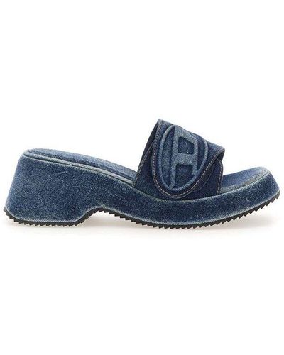 DIESEL Sa-oval D Pf W Logo Emboosed Denim Sandals - Blue