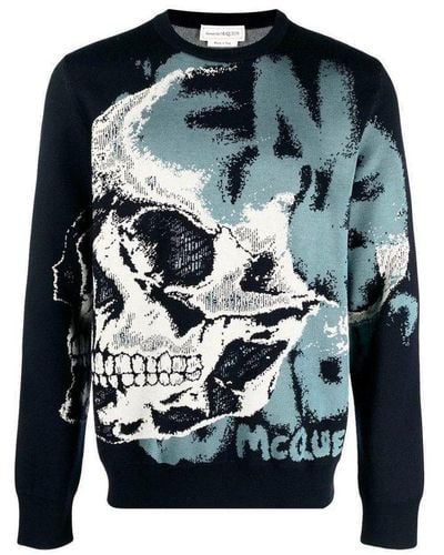 Alexander McQueen Logo Skull Intarsia Sweater - Blue