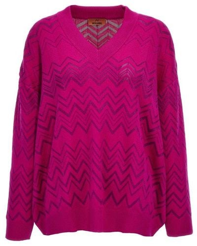 Missoni Zig-zag V-neck Knitted Sweater - Pink
