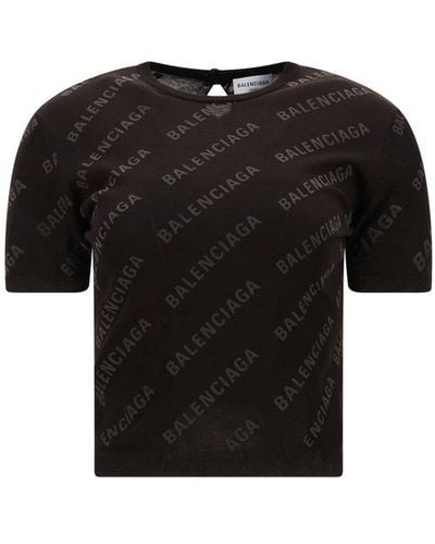 Balenciaga Allover Logo Printed Crewneck T-shirt - Brown