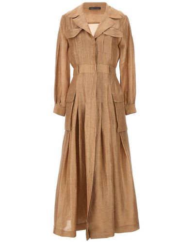 Alberta Ferretti Notched-collar Long-sleeved Pleated Dress - Natural