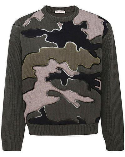 Valentino Camouflage Open Cuts Embroidered Crewneck Sweater - Gray