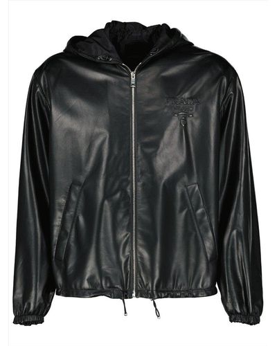 Prada Zip-up Hooded Leather Jacket - Black