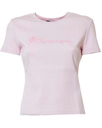 Blumarine Logo Embroidered Crewneck Knitted T-shirt - Pink