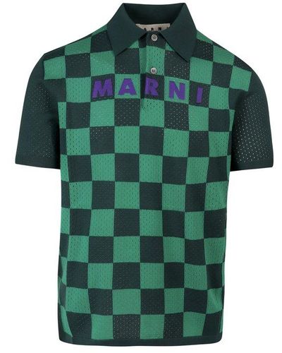 Marni Perforated Cotton Check Polo Shirt - Green