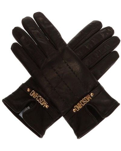 Moschino Leather Gloves With Logo, - Black