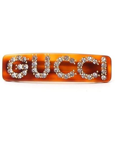 Gucci Logo Crystal Embellished Hair Clip - Orange