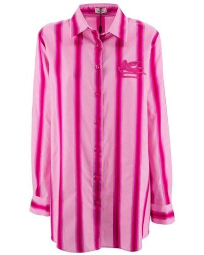Etro Striped Shirt In Cotton And Silk With Pegasus - Pink