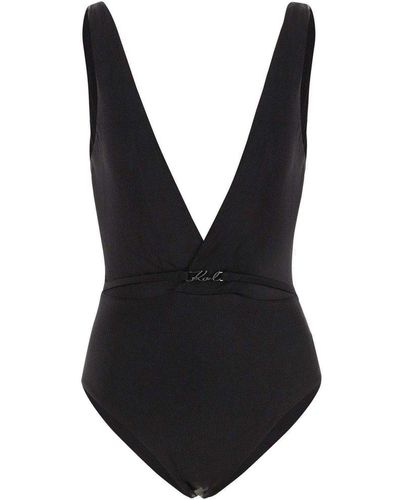 Karl Lagerfeld Logo Plaque Deep V Swimsuit - Black