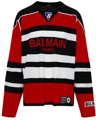 Balmain B-sporty Boxy Sweatshirt In Wool - Red