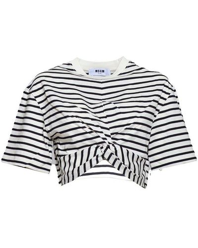 MSGM Twist-detailed Striped Cropped T-shirt - White
