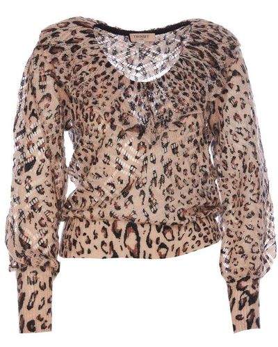 Twin Set Leopard-printed Open-knit Ruffled Sweater - Brown
