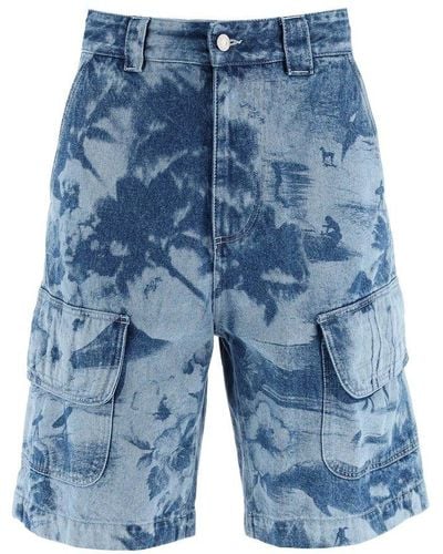 MSGM Printed Denim Cargo Shorts - Blue