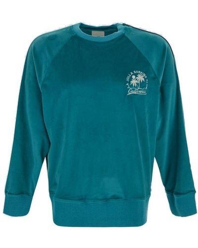 PT Torino Logo Embroidered Crewneck Velvet Sweatshirt - Blue