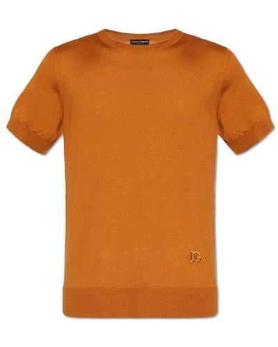 Dolce & Gabbana Logo Embroidered Short-sleeved Knitted Sweater - Orange