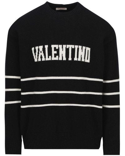 Valentino Logo Intarsia Long-sleeved Sweater - Black