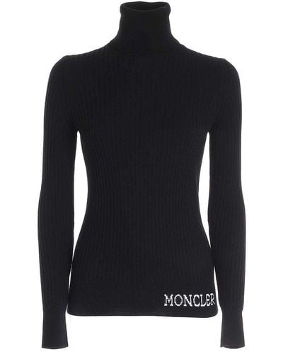 Moncler Logo Intarsia Mock-neck Ribbed Top - Black