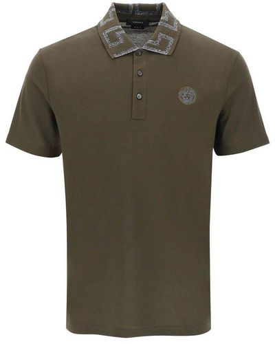 Versace Taylor Fit Polo Shirt With Greca Collar - Green