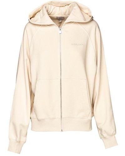 Woolrich Logo Embroidered Zip-up Hoodie - Natural
