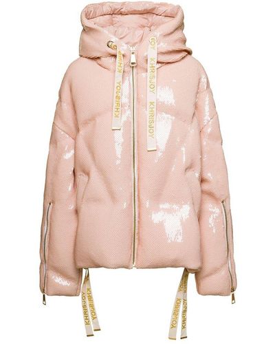 Khrisjoy Oversized Light Pink Down Jacket With All-over Tonal Paillettes