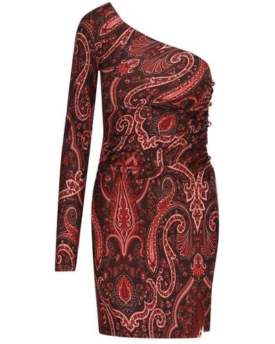 Etro Paisley-printed One-shoulder Asymmetric Mini Dresses - Red