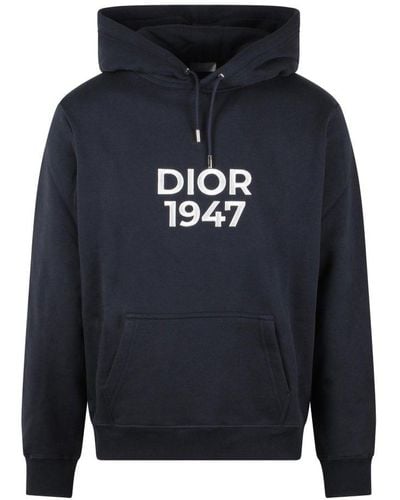 Dior Logo Printed Drawstring Hoodie - Blue