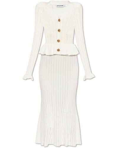 Self-Portrait Ruffled Knit Midi Dress - White