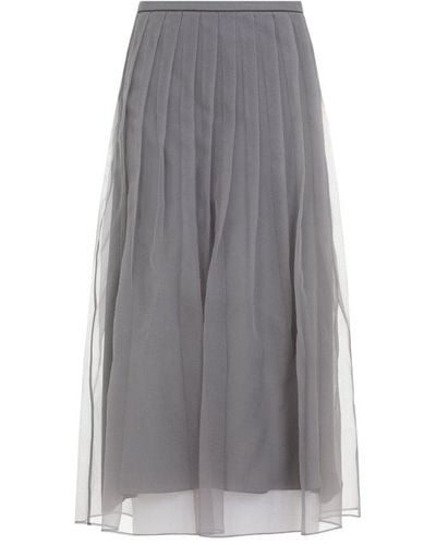 Brunello Cucinelli Pleated Tulle Midi Skirt - Grey
