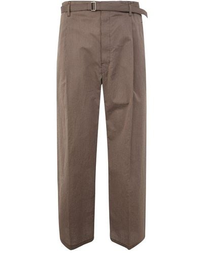 Lemaire Stripe-pattern Belted-waist Straight-leg Trousers - Brown