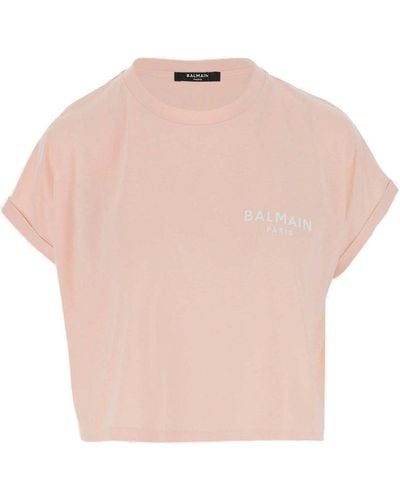 Balmain Logo Printed Short-sleeved Cropped T-shirt - Pink