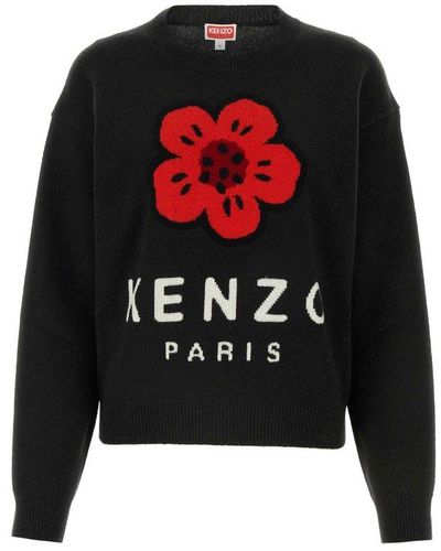 KENZO Logo Floral Intarsia-knit Crewneck Jumper - Black