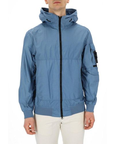 Stone Island Compass Patch Zip-up Hooded Jacket - Blue