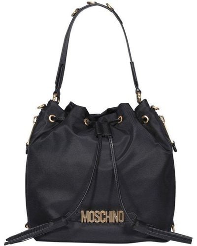Moschino Logo Plaque Tassel Detailed Bucket Bag - Black