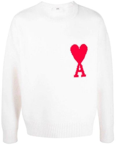Ami Paris Logo Intarsia Knitted Sweater - White