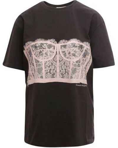 Alexander McQueen Cotton T-shirt With Corset Print - Black